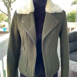 Wool bomber-style jacket with faux fur collar and zipper/snap details